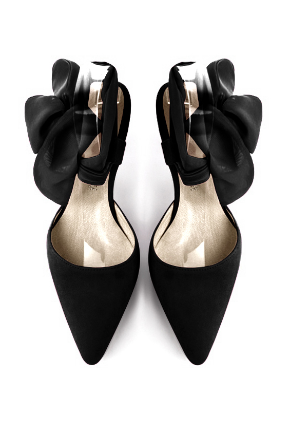Matt black women's open back shoes, with an ankle scarf. Tapered toe. Medium comma heels. Top view - Florence KOOIJMAN